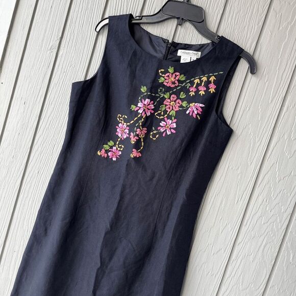 Coldwater Creek Ribbon Embroidered Floral Black Linen Dress - 8 - Picture 1 of 7
